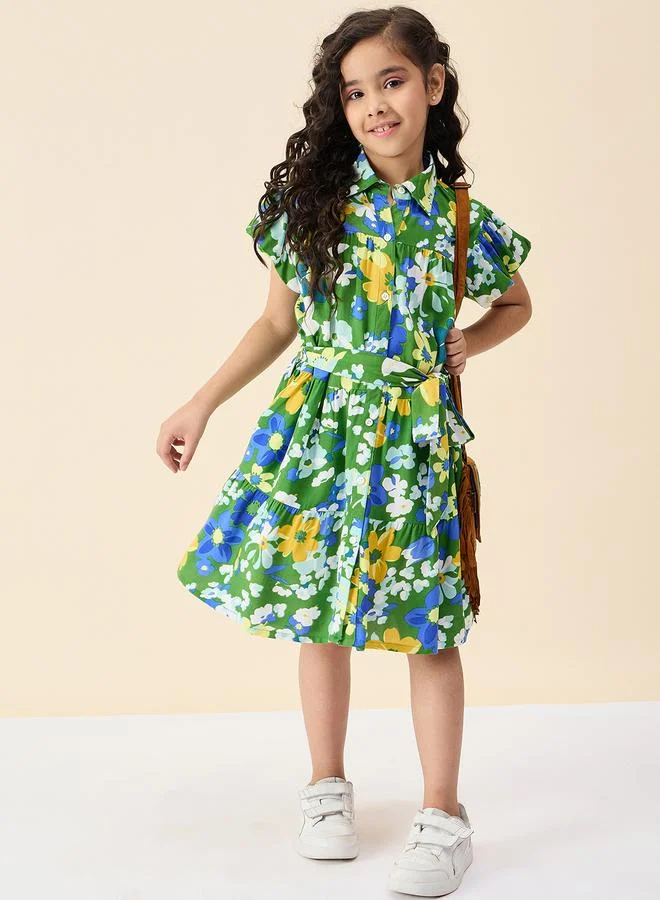 Stylo Bug Girls Green Flora Print Buttoned Tiered Dress