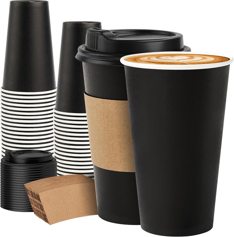 METAPRINT 50 Pack 16 oz Disposable Coffee Cups with Lids and Sleeves, Sturdy Paper Cups for Hot/Cold Drinks, Leak-Proof To Go Coffee Cups with Lids for Home, Café, Events, Office, Black - Image 1