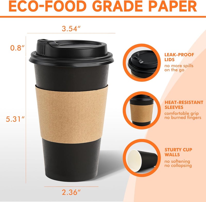 METAPRINT 50 Pack 16 oz Disposable Coffee Cups with Lids and Sleeves, Sturdy Paper Cups for Hot/Cold Drinks, Leak-Proof To Go Coffee Cups with Lids for Home, Café, Events, Office, Black - Image 2