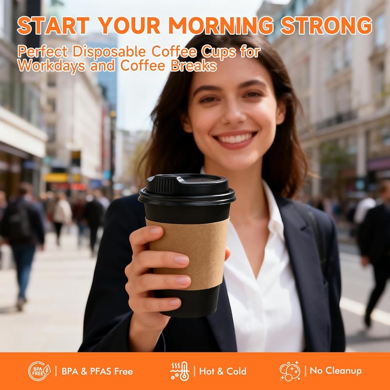 METAPRINT 50 Pack 16 oz Disposable Coffee Cups with Lids and Sleeves, Sturdy Paper Cups for Hot/Cold Drinks, Leak-Proof To Go Coffee Cups with Lids for Home, Café, Events, Office, Black - Image 5