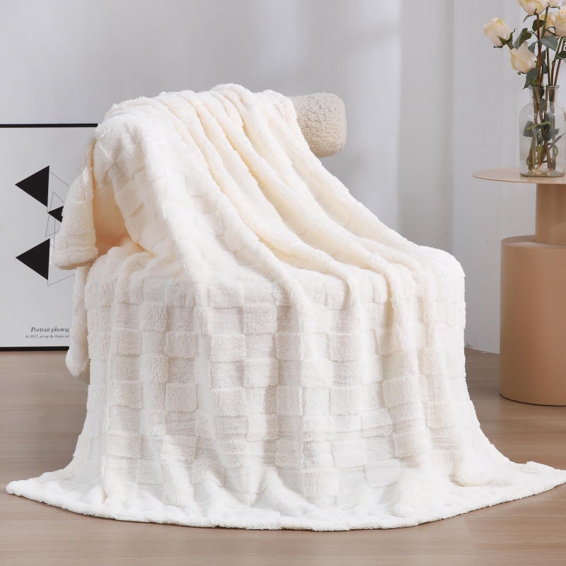 Linecooo Cream White Fleece Throw Blanket 50â€Ã—60â€ for Couch Sofa Bed,Super Soft Cozy Plush Microfiber Flannel Blanket with 3D Checkered Design Lightweight for Adults,Woman,Girls - Image 1
