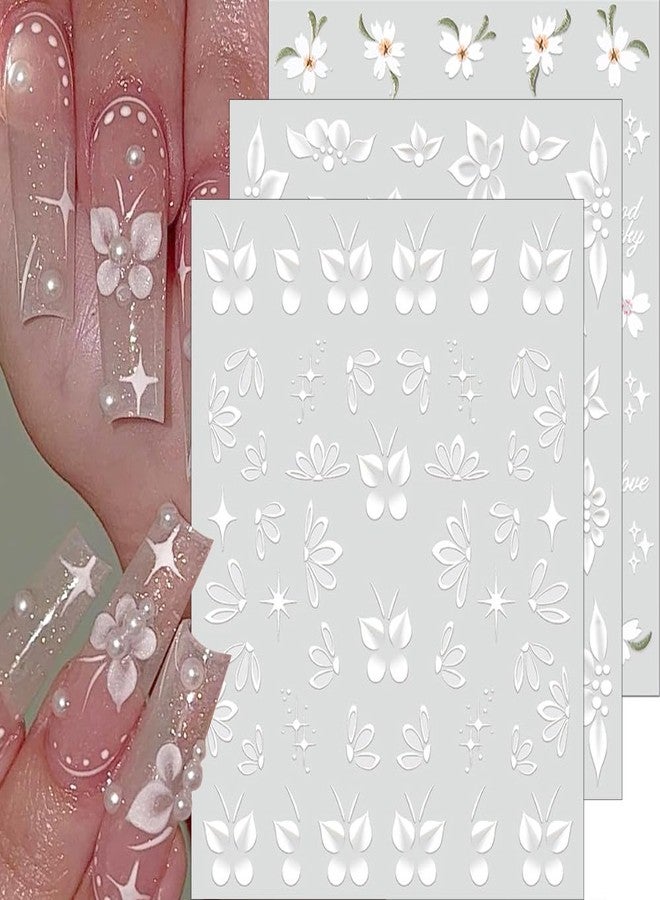 JALIYA 5D Embossed White Flowers Nail Art Stickers for Women Flower Nail Stickers for Nail Art Supplies Hand-Painted Petals Flower Sticker Nails Design Floral Nail Decals Relief Blossom Manicure Decor Decal - Image 1
