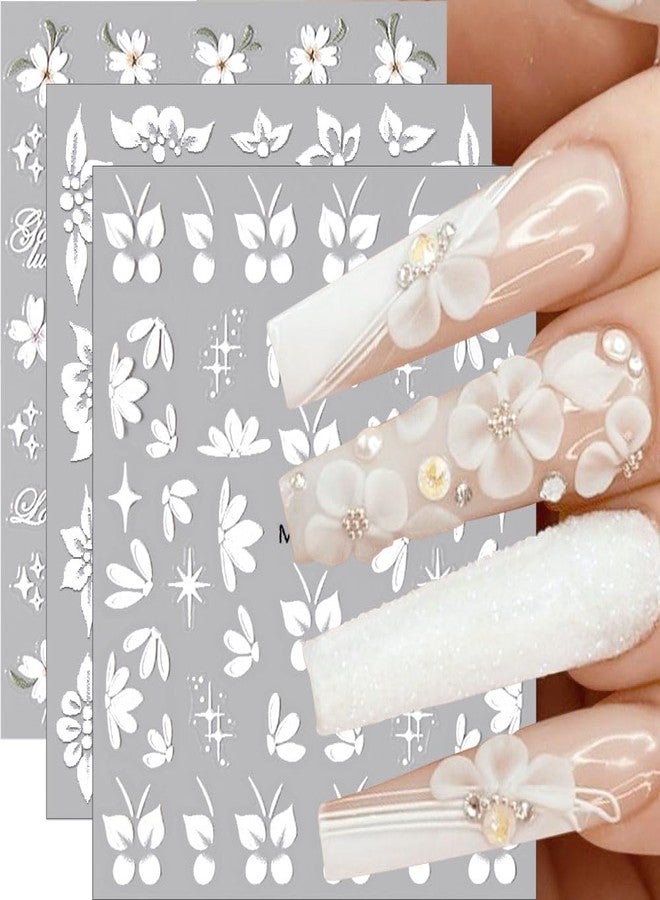 JALIYA 5D Embossed White Flowers Nail Art Stickers for Women Flower Nail Stickers for Nail Art Supplies Hand-Painted Petals Flower Sticker Nails Design Floral Nail Decals Relief Blossom Manicure Decor Decal - Image 3