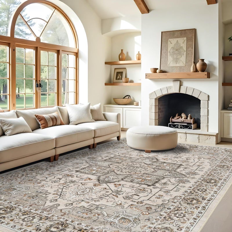 RUUGME Living Room 9x12 Rugs - Washable Large Boho Area Rugs for Stain Resistant Carpet Vintage Tribal Rugs for Bedroom Kitchen with Non Slip Backing Decor Floor Decoration Mat 9x12 Ivory - Image 1