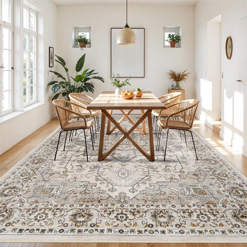 RUUGME Living Room 9x12 Rugs - Washable Large Boho Area Rugs for Stain Resistant Carpet Vintage Tribal Rugs for Bedroom Kitchen with Non Slip Backing Decor Floor Decoration Mat 9x12 Ivory - Image 3