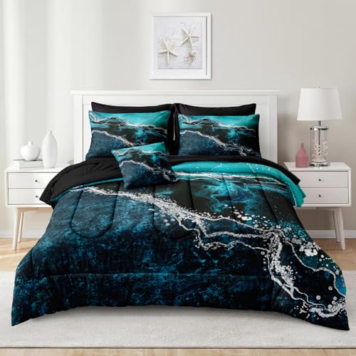 Bedorm Black Marble Comforter Set 8 Pcs Turquoise Blue Bedding Set King Size Bed in A Bag Blue and Black Stone Texture Abstract Room Decor Black Marble Bed Comforter - Image 3