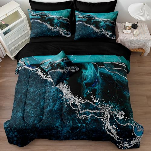 Bedorm Black Marble Comforter Set 8 Pcs Turquoise Blue Bedding Set King Size Bed in A Bag Blue and Black Stone Texture Abstract Room Decor Black Marble Bed Comforter - Image 2