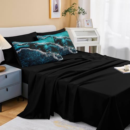Bedorm Black Marble Comforter Set 8 Pcs Turquoise Blue Bedding Set King Size Bed in A Bag Blue and Black Stone Texture Abstract Room Decor Black Marble Bed Comforter - Image 5