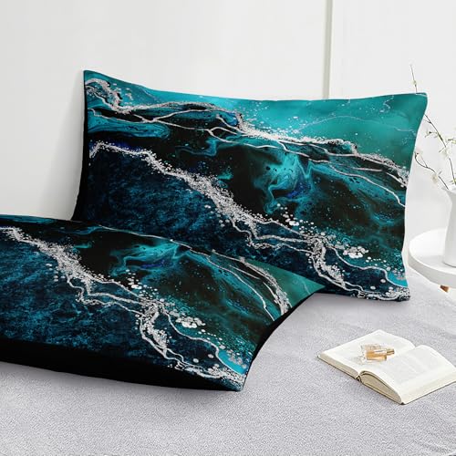 Bedorm Black Marble Comforter Set 8 Pcs Turquoise Blue Bedding Set King Size Bed in A Bag Blue and Black Stone Texture Abstract Room Decor Black Marble Bed Comforter - Image 4