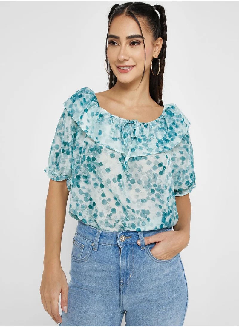Ginger Ruffle Neck Printed Top