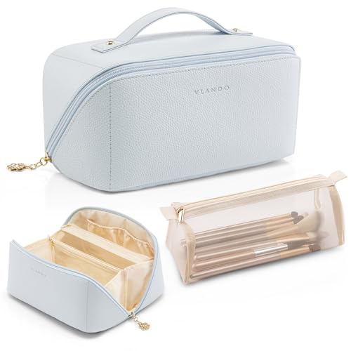 Vlando Makeup Bag,Large Capacity Toiletry Bag for Women Waterproof Portable Make up Pouch PU Leather Open Flat Cosmetic Bag(Baby Blue) - Image 1