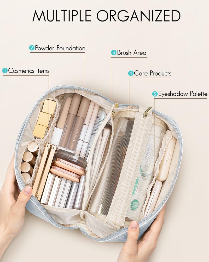Vlando Makeup Bag,Large Capacity Toiletry Bag for Women Waterproof Portable Make up Pouch PU Leather Open Flat Cosmetic Bag(Baby Blue) - Image 3