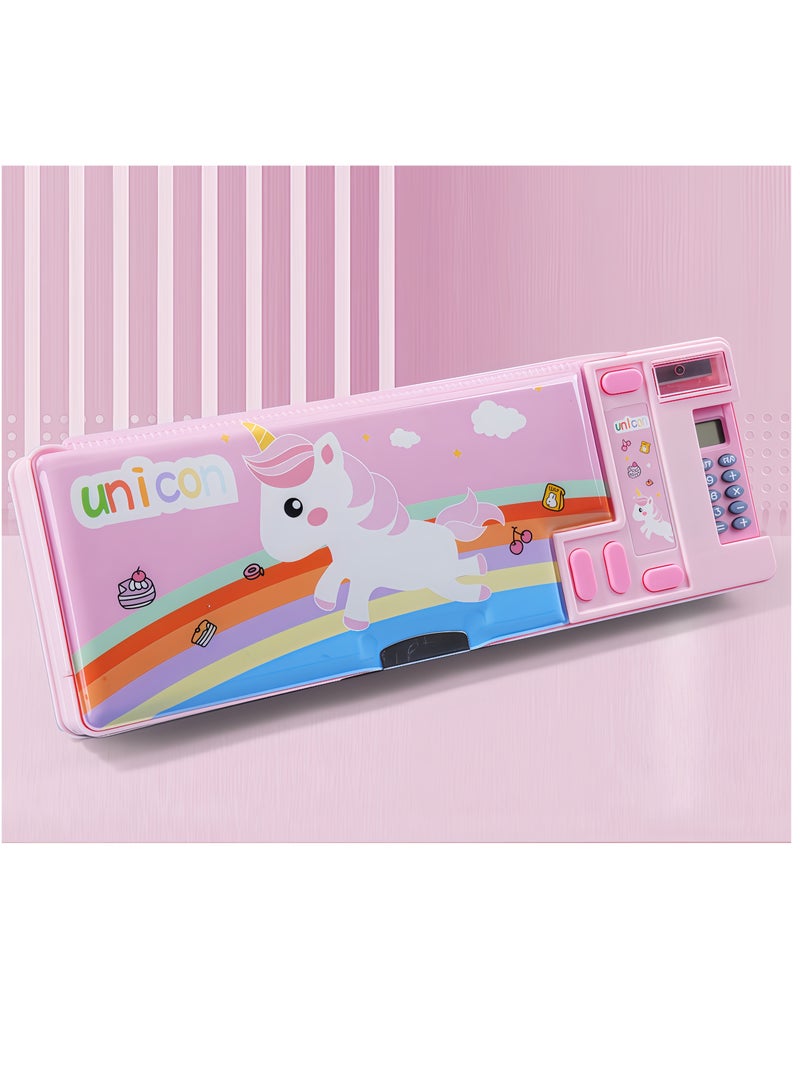 S-Quality Pink Unicorn Pencil Case with Calculator, Built-in Sharpener and Schedule, Multifunctional Stationery Box for Kids, Boys and Girls - Image 2