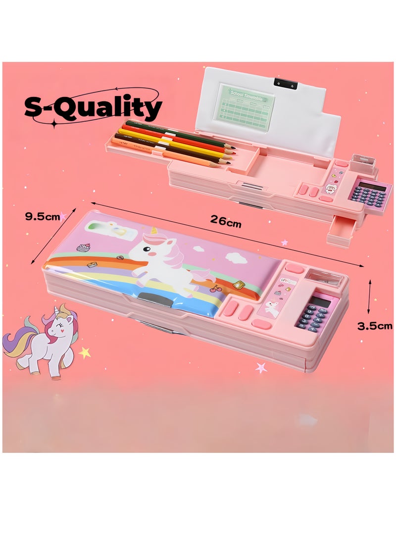 S-Quality Pink Unicorn Pencil Case with Calculator, Built-in Sharpener and Schedule, Multifunctional Stationery Box for Kids, Boys and Girls - Image 1