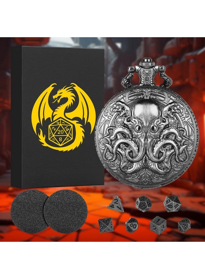 Keller & Weber Mini DND Dice Set with Steampunk Double Eyed Octopus Pocket Watch Case, Tiny 7PCS Polyhedral Metal D&D Dice, DND Gifts with Gift Box, Role Playing Game Board Game Accessories Dice, Dark Silver - Image 2