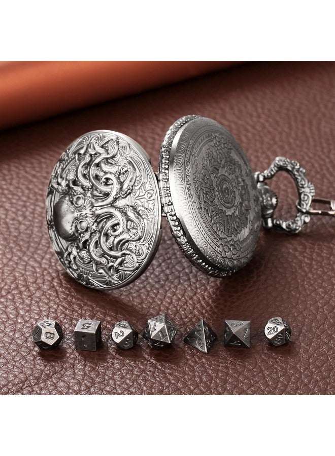 Keller & Weber Mini DND Dice Set with Steampunk Double Eyed Octopus Pocket Watch Case, Tiny 7PCS Polyhedral Metal D&D Dice, DND Gifts with Gift Box, Role Playing Game Board Game Accessories Dice, Dark Silver - Image 4