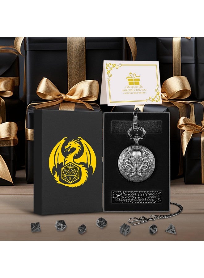 Keller & Weber Mini DND Dice Set with Steampunk Double Eyed Octopus Pocket Watch Case, Tiny 7PCS Polyhedral Metal D&D Dice, DND Gifts with Gift Box, Role Playing Game Board Game Accessories Dice, Dark Silver - Image 3