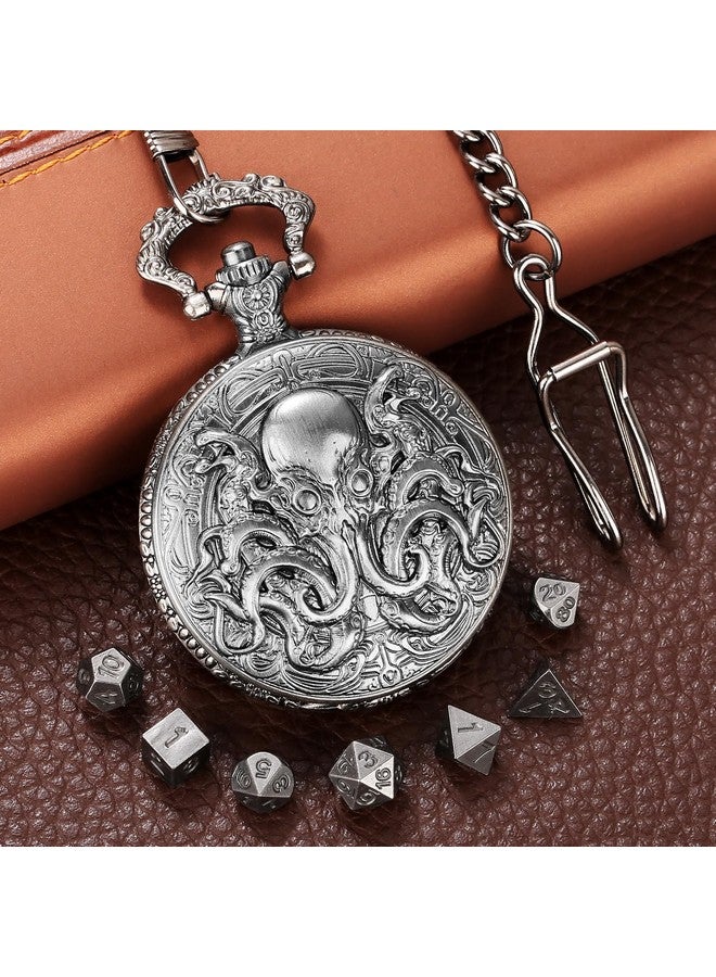 Keller & Weber Mini DND Dice Set with Steampunk Double Eyed Octopus Pocket Watch Case, Tiny 7PCS Polyhedral Metal D&D Dice, DND Gifts with Gift Box, Role Playing Game Board Game Accessories Dice, Dark Silver - Image 5
