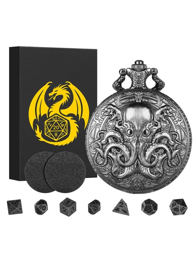 Keller & Weber Mini DND Dice Set with Steampunk Double Eyed Octopus Pocket Watch Case, Tiny 7PCS Polyhedral Metal D&D Dice, DND Gifts with Gift Box, Role Playing Game Board Game Accessories Dice, Dark Silver - Image 1