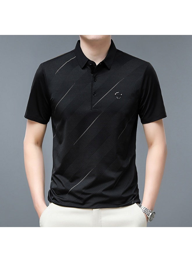 Summer  Men's Short Sleeve Polo Shirt Trendy Collar Ice Silk T-Shirt Loose Fit Striped Pattern Comfortable Body Tee Top  - Image 1