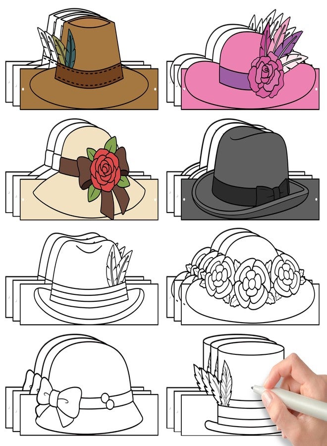 BkeeCten Derby Party Coloring Crowns - 48 Pcs Blank Paper Crowns & Adjustable Elastic Bands Flower Derby Hats Design for Kentucky Derby Birthday Parties Classroom Crafts DIY Activity Horse Race Crown - Image 1