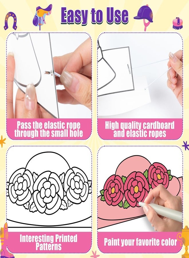 BkeeCten Derby Party Coloring Crowns - 48 Pcs Blank Paper Crowns & Adjustable Elastic Bands Flower Derby Hats Design for Kentucky Derby Birthday Parties Classroom Crafts DIY Activity Horse Race Crown - Image 4