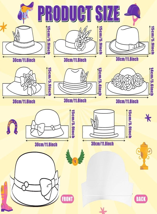 BkeeCten Derby Party Coloring Crowns - 48 Pcs Blank Paper Crowns & Adjustable Elastic Bands Flower Derby Hats Design for Kentucky Derby Birthday Parties Classroom Crafts DIY Activity Horse Race Crown - Image 2