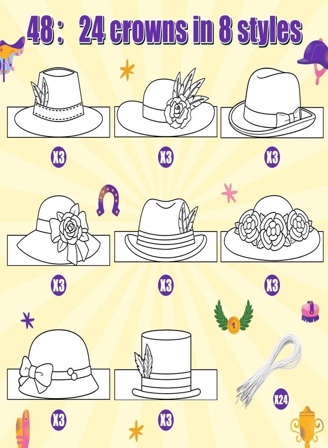 BkeeCten Derby Party Coloring Crowns - 48 Pcs Blank Paper Crowns & Adjustable Elastic Bands Flower Derby Hats Design for Kentucky Derby Birthday Parties Classroom Crafts DIY Activity Horse Race Crown - Image 3