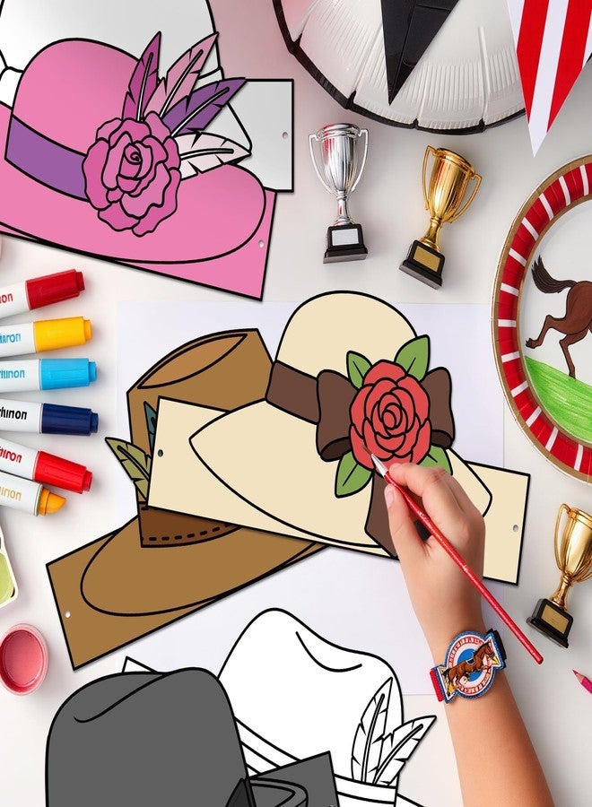 BkeeCten Derby Party Coloring Crowns - 48 Pcs Blank Paper Crowns & Adjustable Elastic Bands Flower Derby Hats Design for Kentucky Derby Birthday Parties Classroom Crafts DIY Activity Horse Race Crown - Image 5