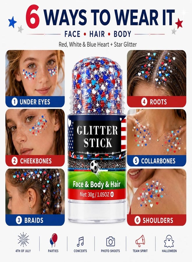 Mysense Red White Blue Glitter Stick for Face Hair Body, Waterproof Patriotic Glitter with Heart & Star Sequins, 4th of July Outfits Accessories for Women and Kids, Football Game Makeup 1.05oz - Image 5