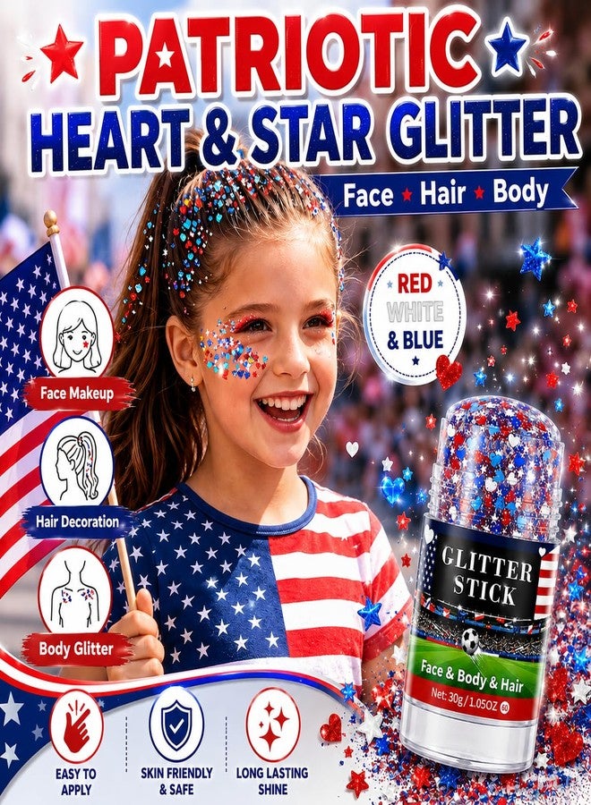 Mysense Red White Blue Glitter Stick for Face Hair Body, Waterproof Patriotic Glitter with Heart & Star Sequins, 4th of July Outfits Accessories for Women and Kids, Football Game Makeup 1.05oz - Image 2