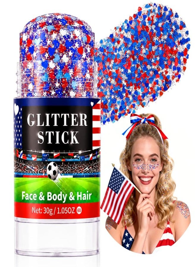 Mysense Red White Blue Glitter Stick for Face Hair Body, Waterproof Patriotic Glitter with Heart & Star Sequins, 4th of July Outfits Accessories for Women and Kids, Football Game Makeup 1.05oz - Image 1