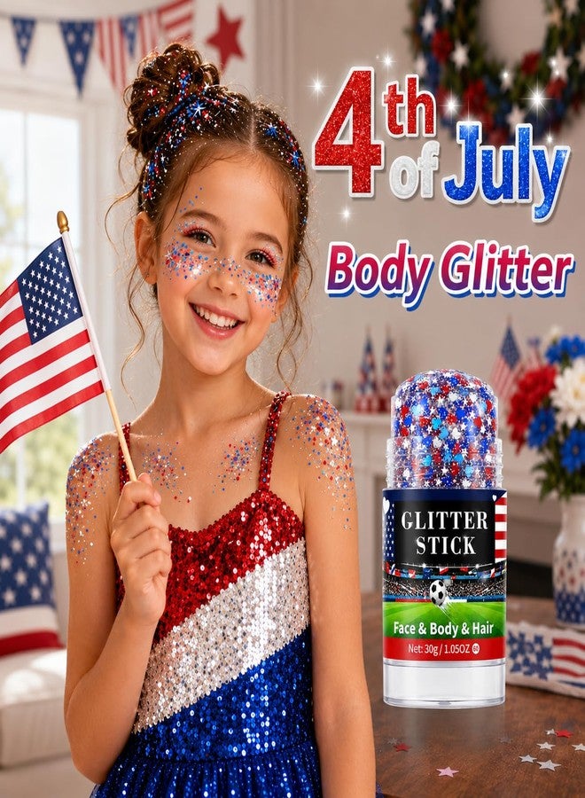 Mysense Red White Blue Glitter Stick for Face Hair Body, Waterproof Patriotic Glitter with Heart & Star Sequins, 4th of July Outfits Accessories for Women and Kids, Football Game Makeup 1.05oz - Image 3