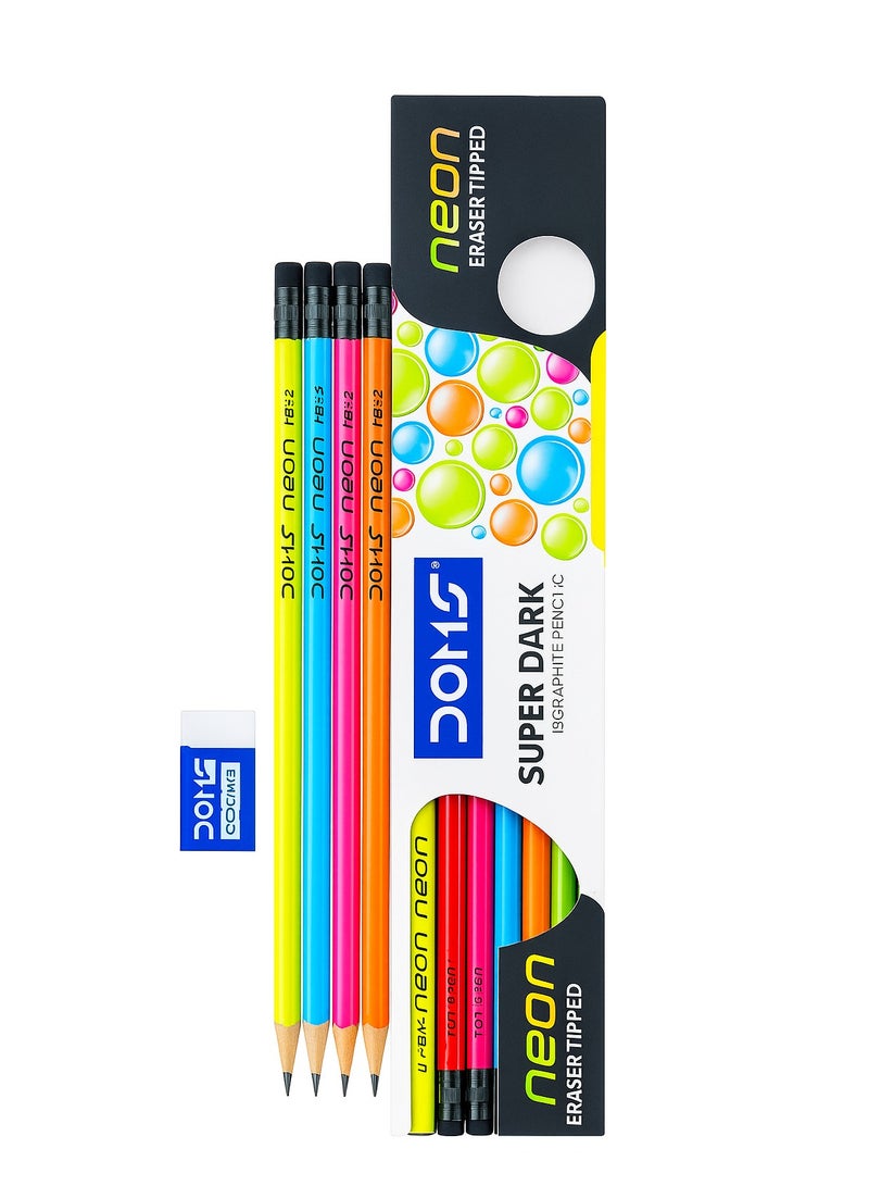 DOMS Neon Eraser-Tipped Super Dark HB/2 Graphite Pencils – Pack of 12 with Sharpener – Round Shaped, Multicolor – School, Office & Drawing - Image 1