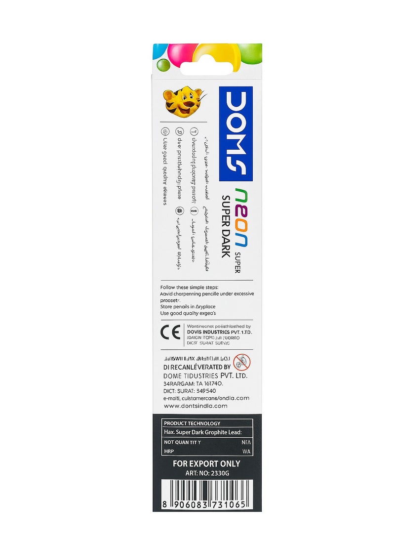 DOMS Neon Eraser-Tipped Super Dark HB/2 Graphite Pencils – Pack of 12 with Sharpener – Round Shaped, Multicolor – School, Office & Drawing - Image 2