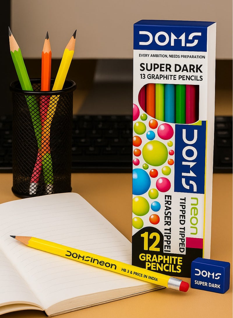 DOMS Neon Eraser-Tipped Super Dark HB/2 Graphite Pencils – Pack of 12 with Sharpener – Round Shaped, Multicolor – School, Office & Drawing - Image 3