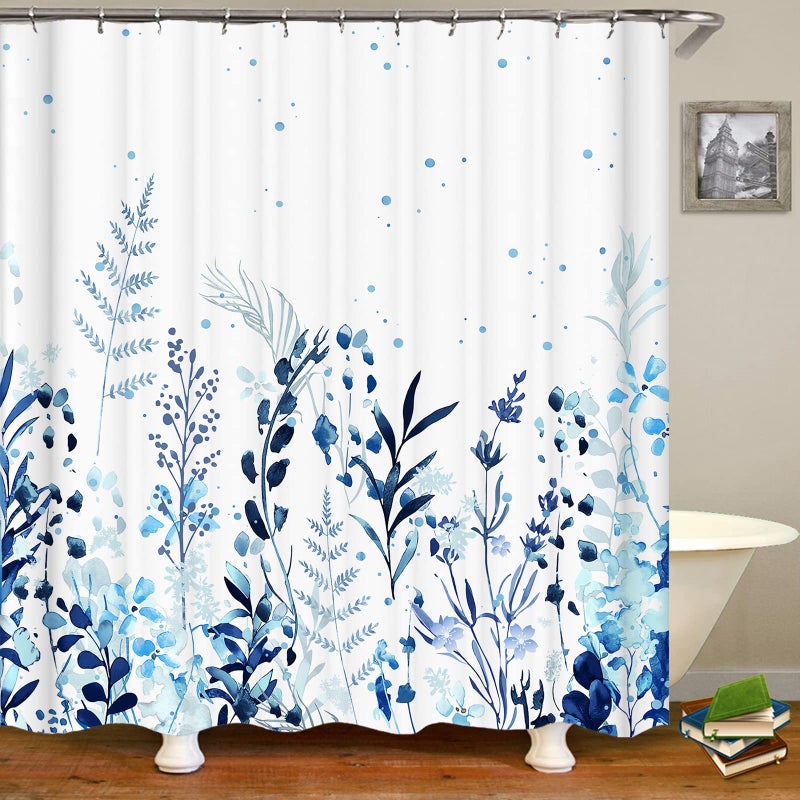 Niidder Shower Curtain  Fabric Shower Curtain Botanical Shower Curtain Blue  Hooks Hotel Shower Curtains for Bathroom with 12 Hooks Waterproof Shower Curtain Liner (72"" x 72"") - Image 3