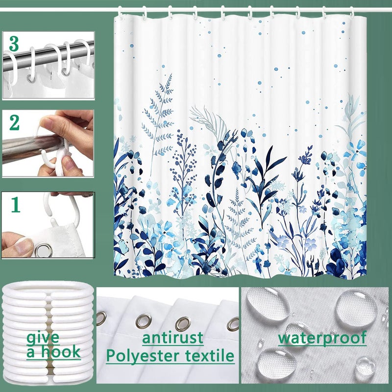 Niidder Shower Curtain  Fabric Shower Curtain Botanical Shower Curtain Blue  Hooks Hotel Shower Curtains for Bathroom with 12 Hooks Waterproof Shower Curtain Liner (72"" x 72"") - Image 2
