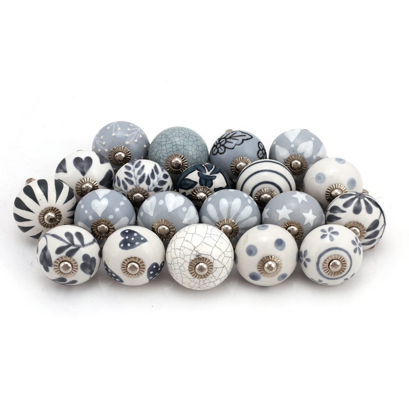 Folk Craft Assorted Cabinet Knobs - Set Of 30 Pcs - Grey Ceramic Drawer Pull Handle Kitchen Cupboard Wardrobe Knob Boho Room Decorative Furniture Hardware - Image 2