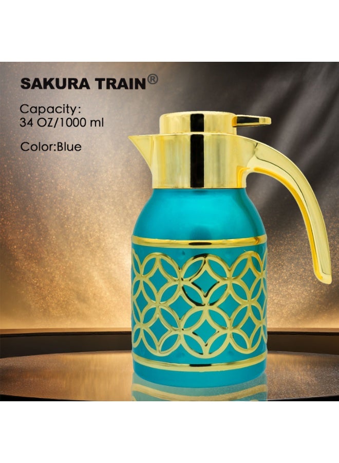 Sakura Train 1000ML Purely Hand-Painted Golden Luxury Thermal Coffee Carafe Insulated Stainless Steel Vacuum Coffee Carafe for Hot Liquids, Turkish Middle Eastern Style Stainless Steel Teapot Coffee Pot for Women, Men, Adults, Guests or For Tea Party - Best Gift Idea - Image 1