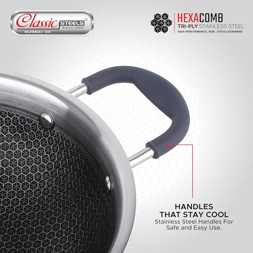 Classic Steels Hexa Comb Triply Kadai with Steel Lid - 1 LTR (18cm) | Stainless Steel Non-Stick Kadhai for Cooking | Gas & Induction Compatible | 2.5mm Thickness | Durable Stay Cool Silicon Handle - Image 5