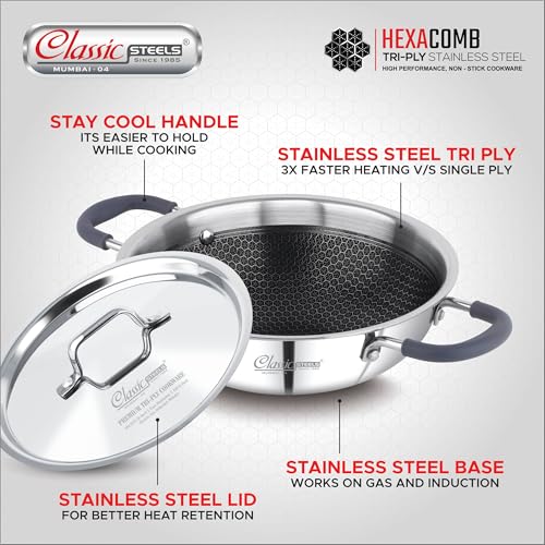 Classic Steels Hexa Comb Triply Kadai with Steel Lid - 1 LTR (18cm) | Stainless Steel Non-Stick Kadhai for Cooking | Gas & Induction Compatible | 2.5mm Thickness | Durable Stay Cool Silicon Handle - Image 3