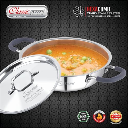 Classic Steels Hexa Comb Triply Kadai with Steel Lid - 1 LTR (18cm) | Stainless Steel Non-Stick Kadhai for Cooking | Gas & Induction Compatible | 2.5mm Thickness | Durable Stay Cool Silicon Handle - Image 2