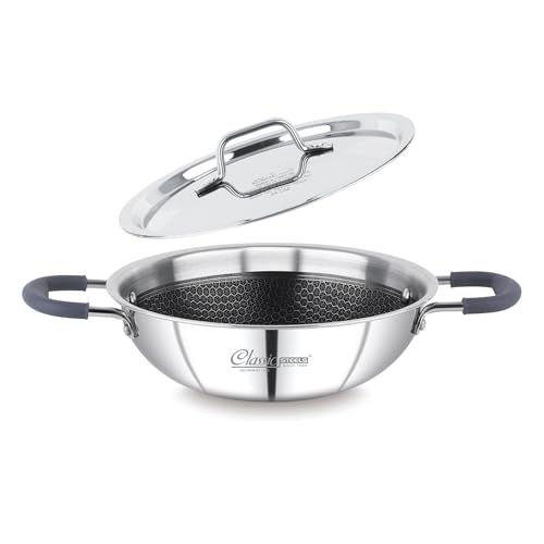 Classic Steels Hexa Comb Triply Kadai with Steel Lid - 1 LTR (18cm) | Stainless Steel Non-Stick Kadhai for Cooking | Gas & Induction Compatible | 2.5mm Thickness | Durable Stay Cool Silicon Handle - Image 1