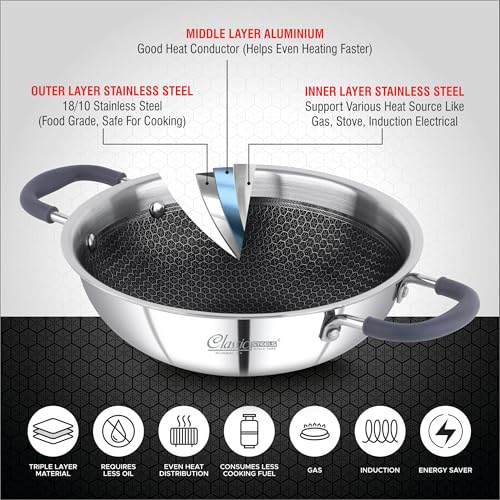Classic Steels Hexa Comb Triply Kadai with Steel Lid - 1 LTR (18cm) | Stainless Steel Non-Stick Kadhai for Cooking | Gas & Induction Compatible | 2.5mm Thickness | Durable Stay Cool Silicon Handle - Image 4