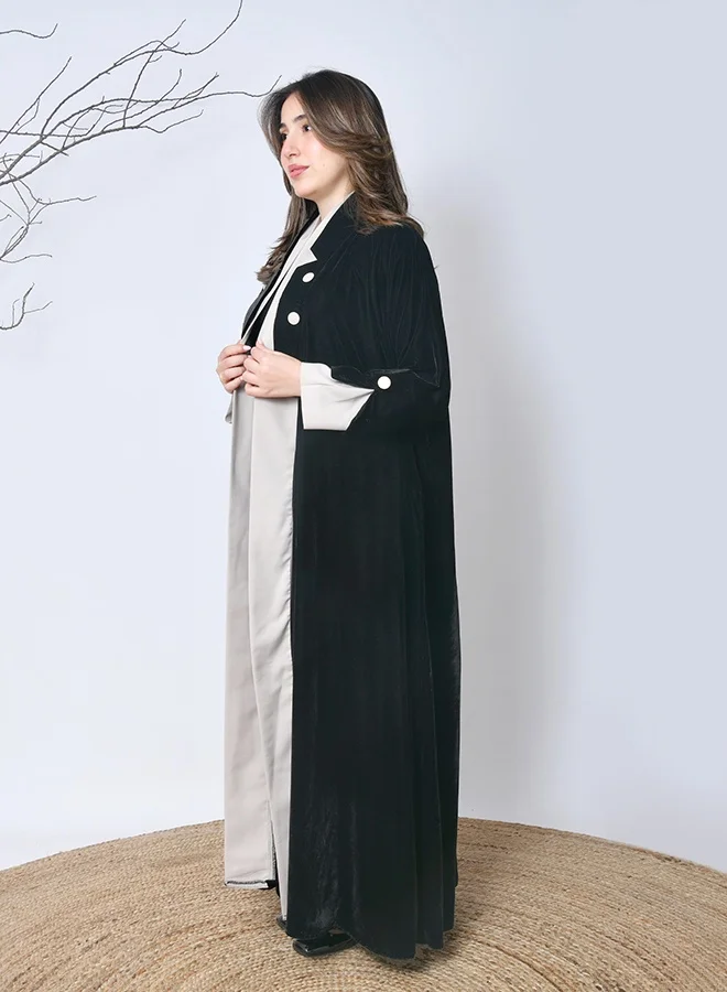 HAWRAA ABAYA Black velvet winter abaya with silver buttons – classic elegance from Hawraa Abayas