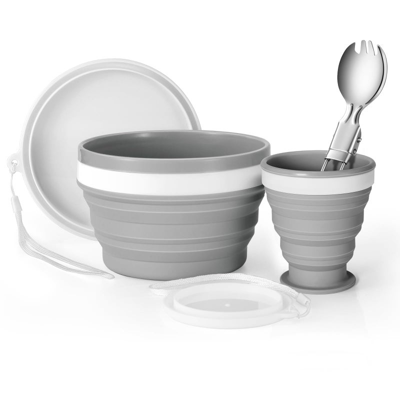 Odoland Camping Collapsible Silicone Cup and Bowl Set, Portable Mess Kit with Stainless Steel Spork and Lid for 1 Person Backpacking, Family Cookware, Hiking, Picnic, Travel - Image 1