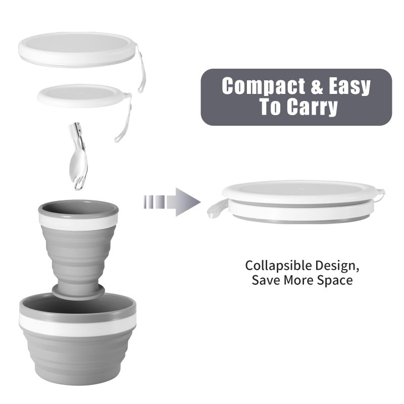 Odoland Camping Collapsible Silicone Cup and Bowl Set, Portable Mess Kit with Stainless Steel Spork and Lid for 1 Person Backpacking, Family Cookware, Hiking, Picnic, Travel - Image 2