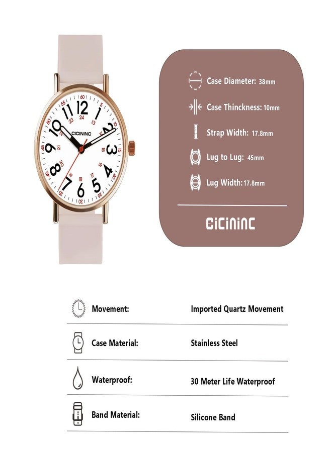 cicininc Watch with Second Hand Nursing for Women, Analog Watches for Nurses, 12/24 Hour Military Time, Easy Read Dial, Colorful Silicone Band, Pink, Modern - Image 4
