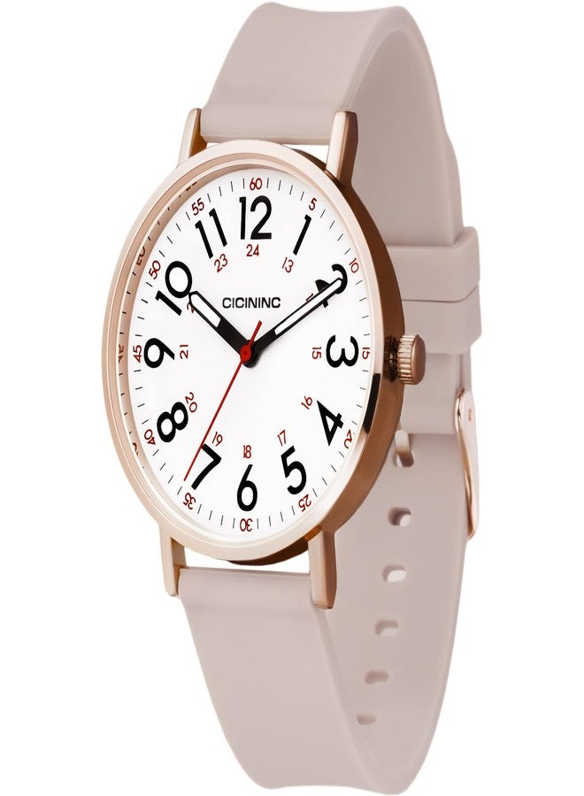 cicininc Watch with Second Hand Nursing for Women, Analog Watches for Nurses, 12/24 Hour Military Time, Easy Read Dial, Colorful Silicone Band, Pink, Modern - Image 1